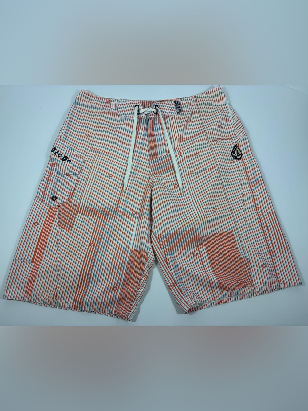 Volcom Board Shorts Men’s 34 Red White Blue Striped Surf Swim Trunks 12”